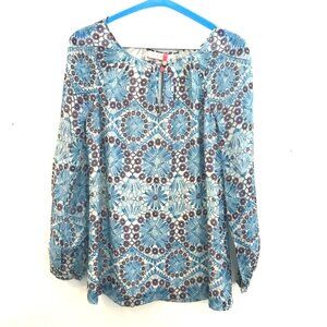 VTG Tory Burch blouse women size 0/S blue/brown long sleeves Boho hippie floral